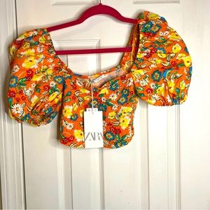 Zara Crop Top Orange Yellow floral Sz Medium NWT